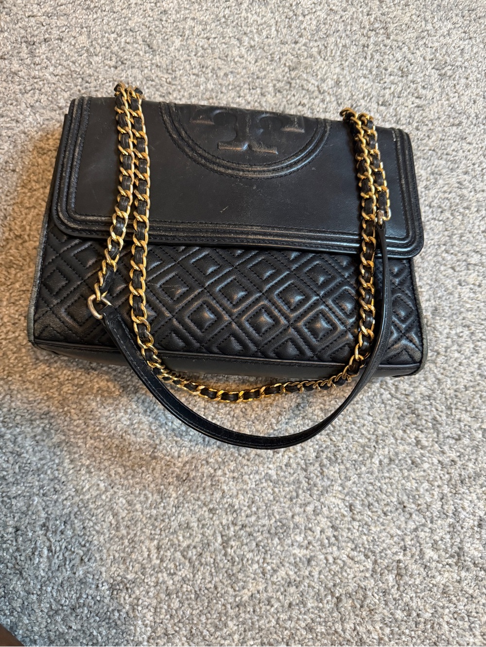 Tory Burch Black Quilted Leather Shoulder Bag with Gold Chain Trim